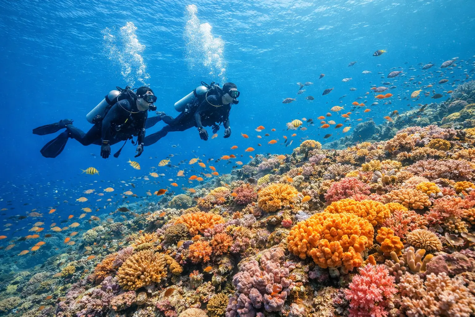 Scuba diving in Amed Bali exploring colorful coral reefs with Planet Bali Dive, Scuba Diving in Amed