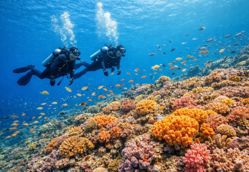 Scuba diving in Amed Bali exploring colorful coral reefs with Planet Bali Dive, Scuba Diving in Amed